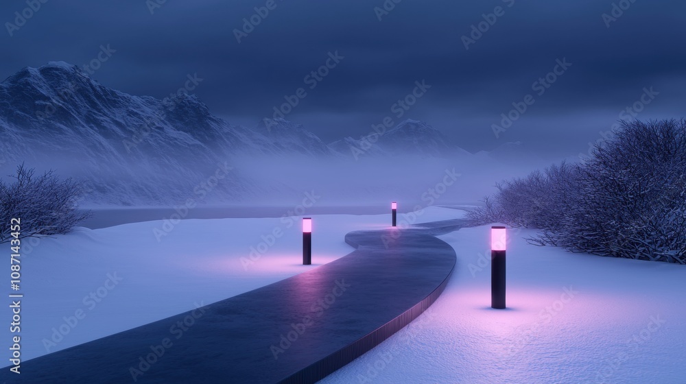 Poster a path with three lights on it in the snow