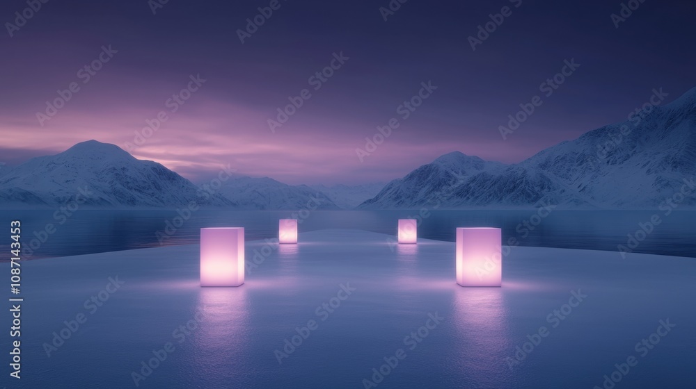 Poster a series of four lit up cubes are floating on a frozen lake