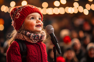 A little girl in a red hat and scarf singing into a microphone