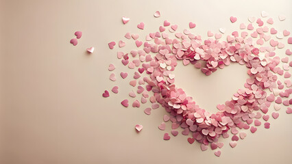 Soft Pink Heart-shaped Confetti on Light Beige Background with Copy Space. Perfect for: Valentine's Day, bridal showers, weddings