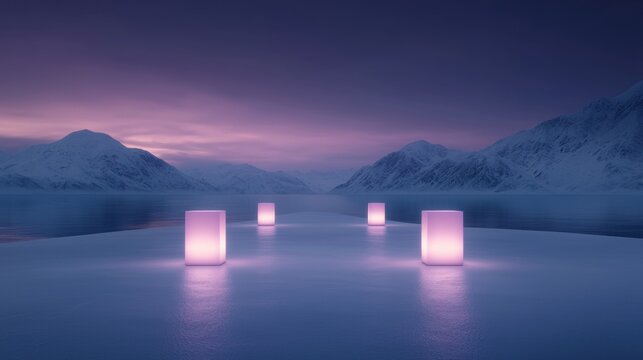 A series of four lit up cubes are floating on a frozen lake