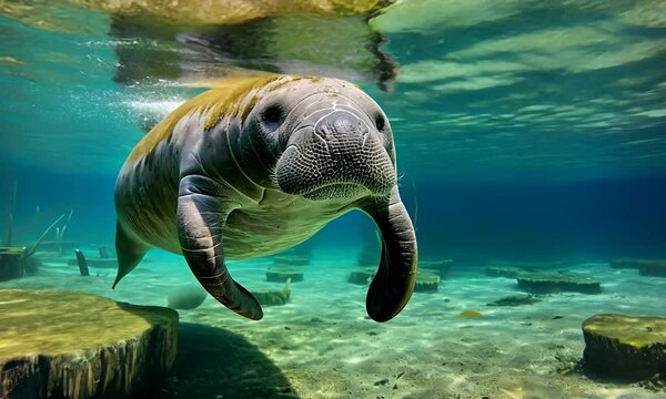 Discover the gentle manatee gliding effortlessly through crystal clear waters at a serene underwater paradise in Florida&rsquo;s coastline