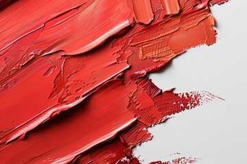 Photo of Many rough red smears of acrylic oil paint on flat surface. Background texture for backdrops or mapping