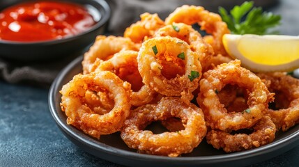 A plate of fried food with a side of ketchup and lemon slices