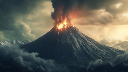 Erupting volcano with glowing lava and ash clouds against a dramatic sky