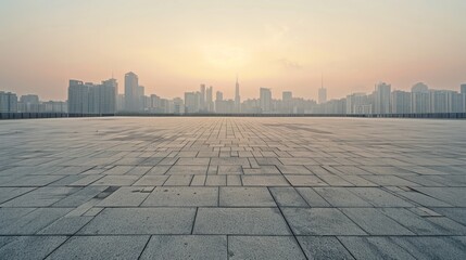 Empty square floor with city skyline background, Cityscape tranquility, serene cityscape vista