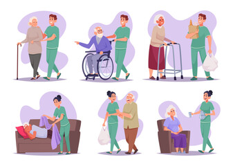 Fototapeta premium Senior care. Volunteers helping to elderly people medical assistance and social support characters exact vector cartoon senior