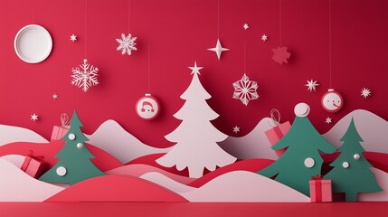 Red Christmas themed cutout paper scene
A simple design Christmas tree and gifts, perfect for promoting products and year-end festivals.