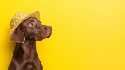 Brown Labrador with straw hat on yellow background
A warm and gentle image, perfect for advertising pet products or natural products.