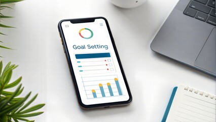 Fototapeta premium Smartphone displaying goal setting app next to laptop and notepad on white desk