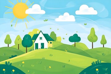 Fototapeta premium Beautiful autumn mountain landscape. Vector illustration. winter Vector art style landscape. Sunset in mountains illustration, nature, vector, background, hill, sky, mountain, tree, environment,