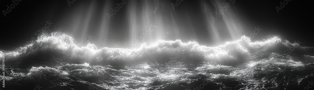 Poster dynamic waves crashing ocean black and white image serene environment aerial view emphasizing contra
