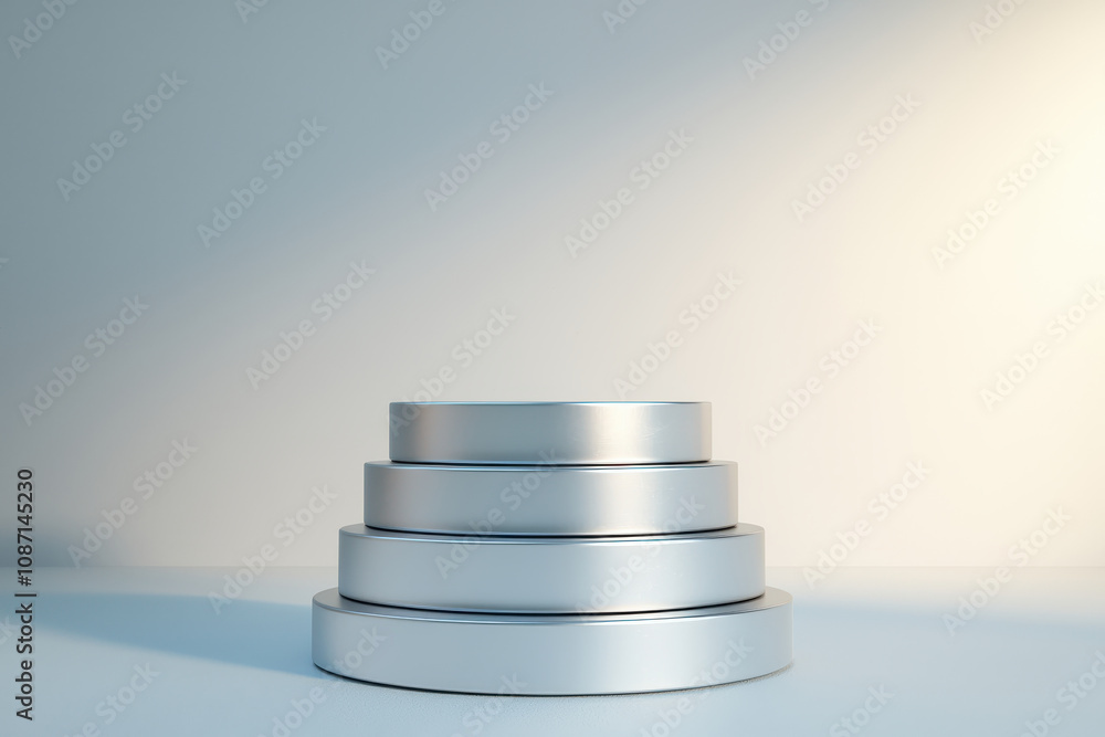 Aufkleber sleek metallic silver podium with overlapping circular layers, creating modern and artistic display.