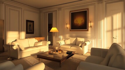 Fototapeta premium Elegant Living Room Sunset Light Illuminates Comfortable Furniture