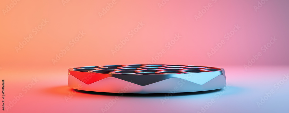 Poster futuristic metallic podium with angular design and hexagonal pattern, showcasing sleek and modern ae
