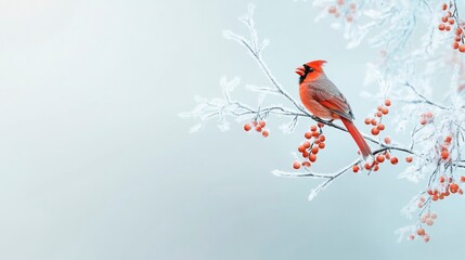 Red cardinal bird on a frosty tree branch with snow red berries in winter, with copy space.