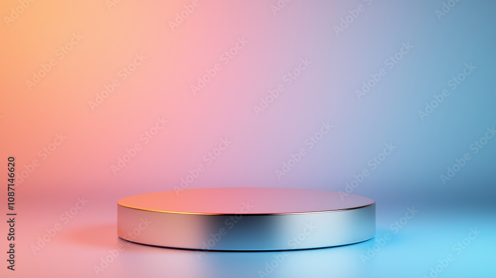 Poster glossy metallic podium with curved edges on colorful gradient background. ideal for showcasing produ