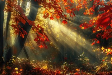 Autumn Forest Sunlight Streams Through Colorful Trees and Plants Beautifully