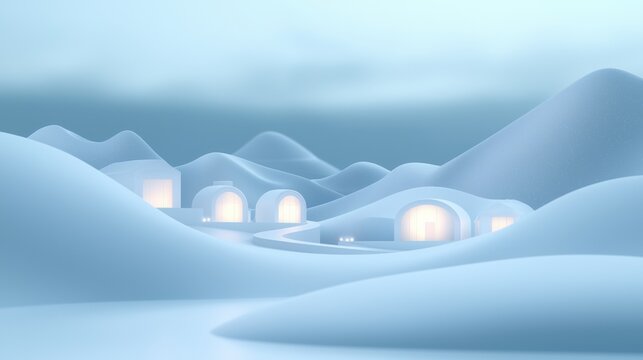 A snowy landscape with a village of igloos