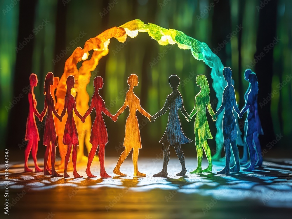 Poster unity in diversity figures holding hands enchanted forest artistic shadow play nature perspective co