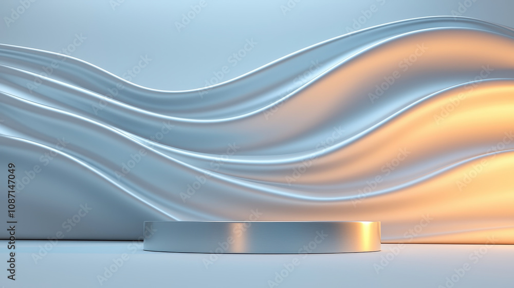 Poster modern abstract silver podium with dynamic textures and flowing background. smooth waves create sere
