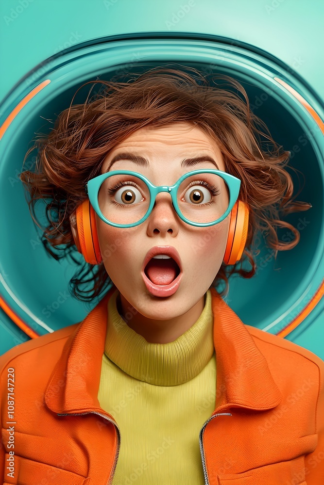Poster surprised and excited retro pop art woman portrait with vibrant retrofuturistic chrome neon and arch
