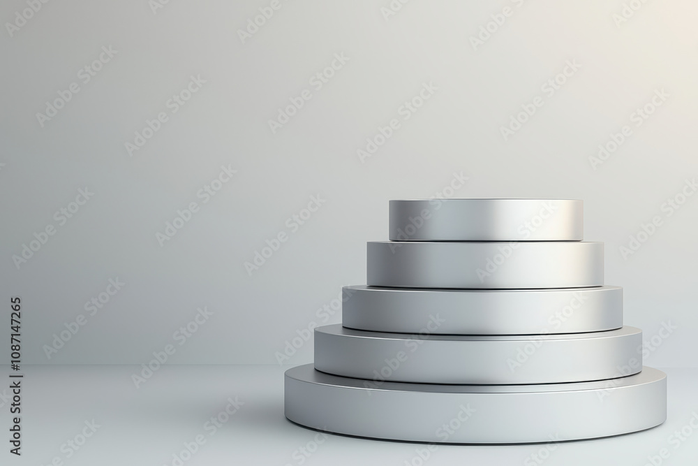 Poster multi tiered silver podium with sharp angular lines, ideal for presentations or displays. sleek desi