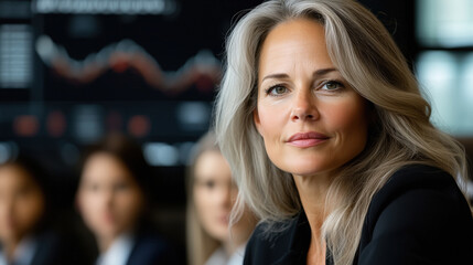 Fototapeta premium A professional photo of a poised female executive with blonde hair wearing a black blazer, seated confidently in a meeting room with large screens displaying data charts in the background.