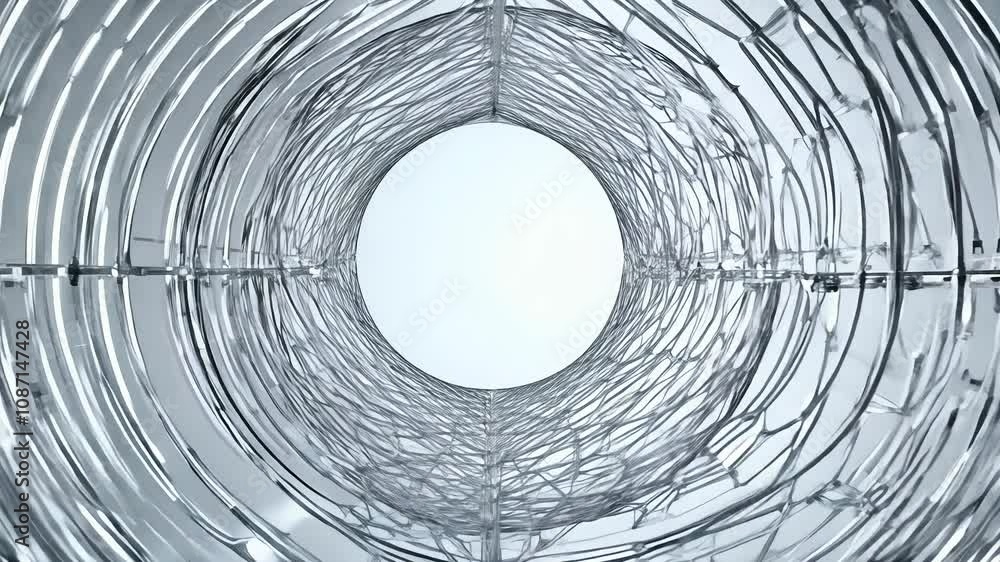 Poster camera zooms out from monochromatic, wireframe spheres that rotate and pulsate with light, creating 