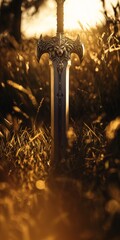 Ornate sword with lion details standing in golden grass at sunset