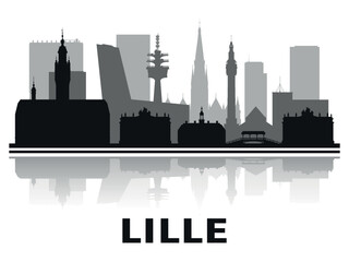 Obraz premium Black and white silhouettes of the towers of the city Lille with the reflection in the water. Vector on gray background