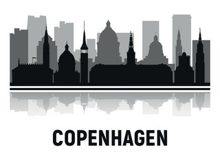 Naklejka premium Black and white silhouettes of Copenhagen city skyline with reflection in the water. Vector on gray background
