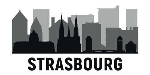 Fototapeta premium Black and white silhouettes of the towers of Strasbourg city skyline with reflection in the water. Vector on gray background
