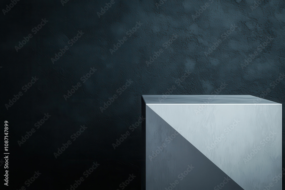 Poster sleek, modern silver podium with angular design against dark textured background, creating striking 