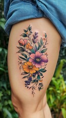 Vibrant Colorful Tattoo on Asian Woman's Thigh.