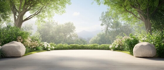 A serene garden space with lush greenery and large rocks, perfect for relaxation and outdoor activities in a bright, sunny atmosphere