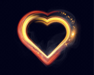 Glowing golden heart shape with light trails, sparkles, and smoky effects on dark transparent background, perfect for romantic, festive, or Valentine's Day themes.