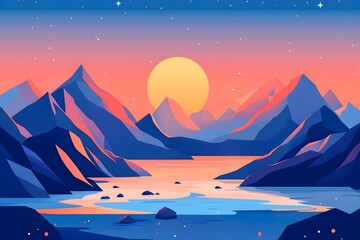 Obraz premium Beautiful autumn mountain landscape. Vector illustration. winter Vector art style landscape. Sunset in mountains illustration, nature, vector, background, hill, sky, mountain, tree, environment,