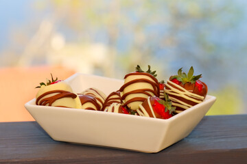 Delicious chocolate covered strawberries in a small white dish. A spring dessert made by the goddaughter for the Mother's Day celebration. Empty space for text.