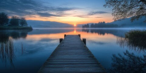 Fototapeta premium A tranquil sunrise over a serene lake with a wooden dock extending into the calm waters, surrounded by misty mountains and lush trees in the peaceful morning light