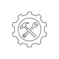 Gear with wrench and hammer. Industrial, workshop icon line style isolated on white background. Vector illustration