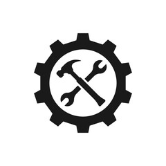 Gear with wrench and hammer. Industrial, workshop icon flat style isolated on white background. Vector illustration