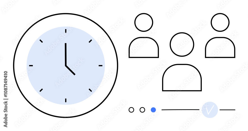 Poster clock indicating time next to icons of three people, signifying teamwork and efficient time utilizat