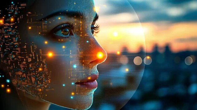 Futuristic portrait of a woman with digital overlay against cityscape. Concept of artificial intelligence and human-technology integration.