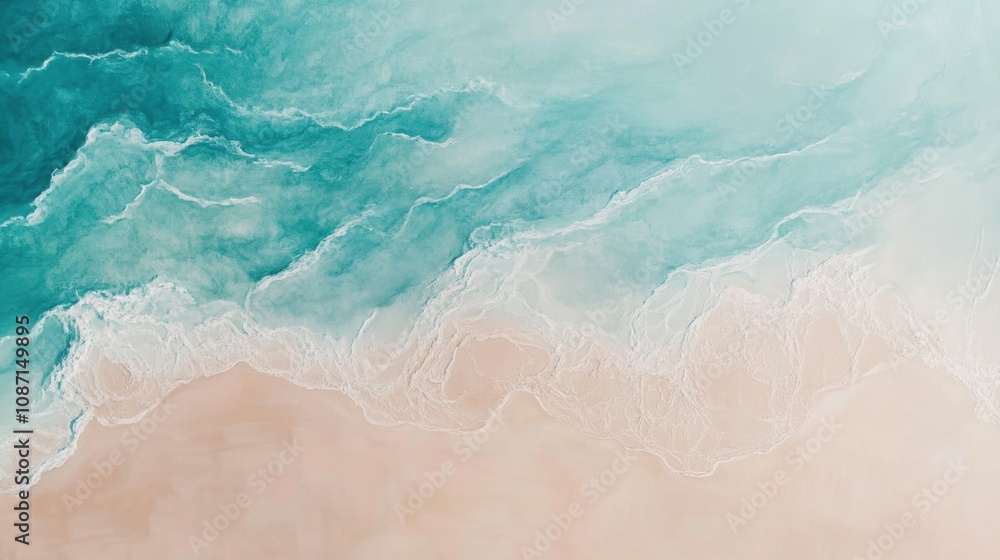 Poster aerial view of gentle ocean waves lapping against a sandy beach with soft tones of turquoise and cre