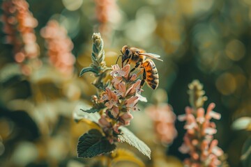 Obraz premium Close-Up of a Honeybee Collecting Nectar from a Vibrant Flower in a Lush Garden Setting, Showcasing Nature's Beauty and Pollination Process
