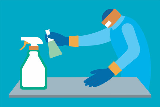 A man in protective gear conducts thorough cleaning with a spray bottle, emphasizing hygiene measures against potential hazards.