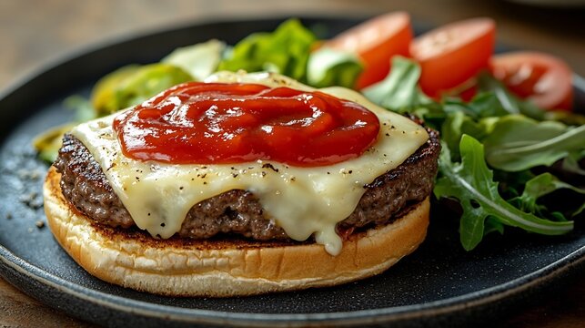 Lunch Burger Ketchup, Mouthwatering Open-Faced Cheeseburger with Fresh Salad on Plate