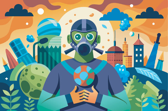 An impactful illustration shows a figure in protective gear holding a globe amid polluted environments, urging action to save the planet from industrial harm.