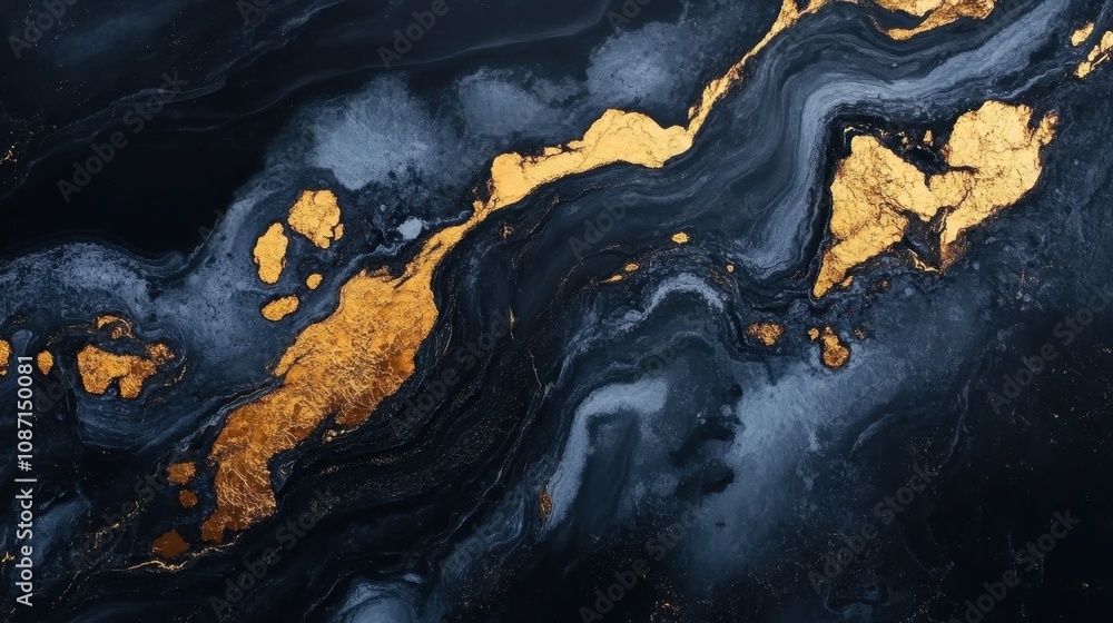 Poster abstract artistic painting of dark swirling patterns with gold accents, creating a dramatic and luxu